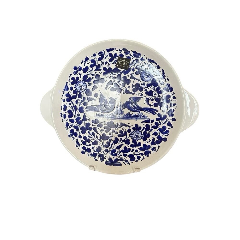 New Deruta ARABESCO Birds 14 1/2" Blue & White Serving Platter Handles Italy Tag